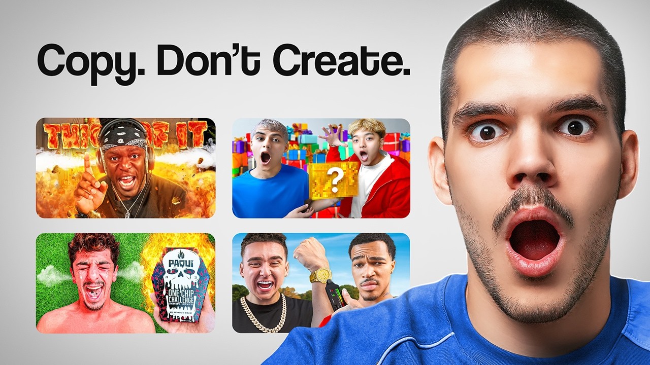 A shocked man beside four bold YouTube thumbnails under the headline Copy Don't Create